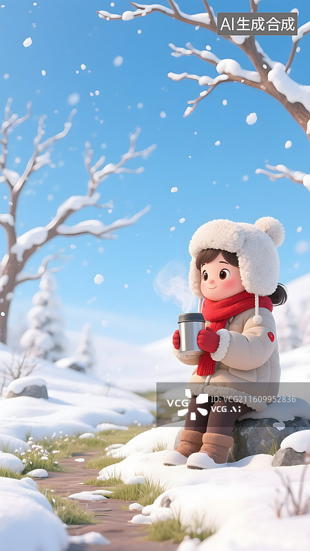 【AI数字艺术】AIGC：冬天户外在树下歇息的小女孩，徒步，冬日节气背景图片素材