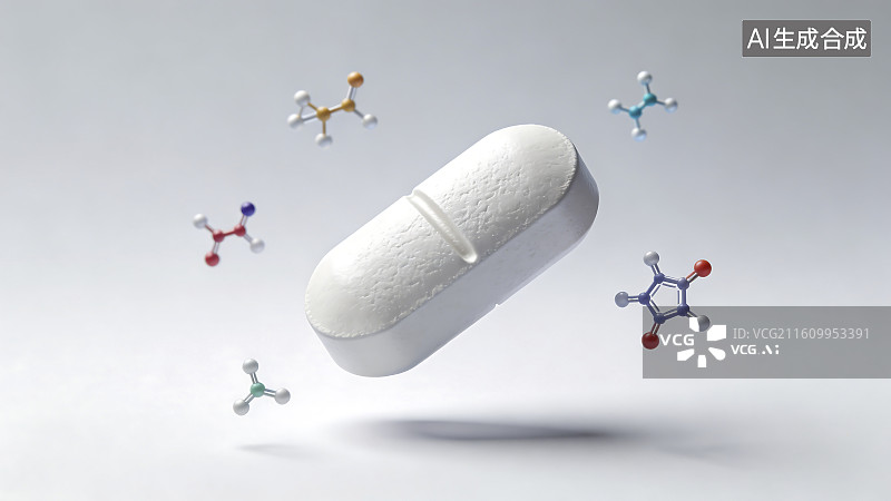 【AI数字艺术】白色药片与分子结构图片素材