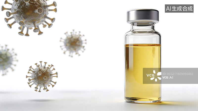 【AI数字艺术】新冠病毒与疫苗瓶医学概念图图片素材