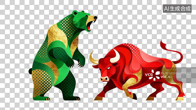 【AI数字艺术】红牛绿熊激战对决，象征股票牛熊博弈，免扣元素图片素材