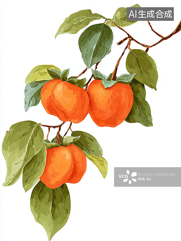 【AI数字艺术】枝头橙色柿子与绿叶图片素材