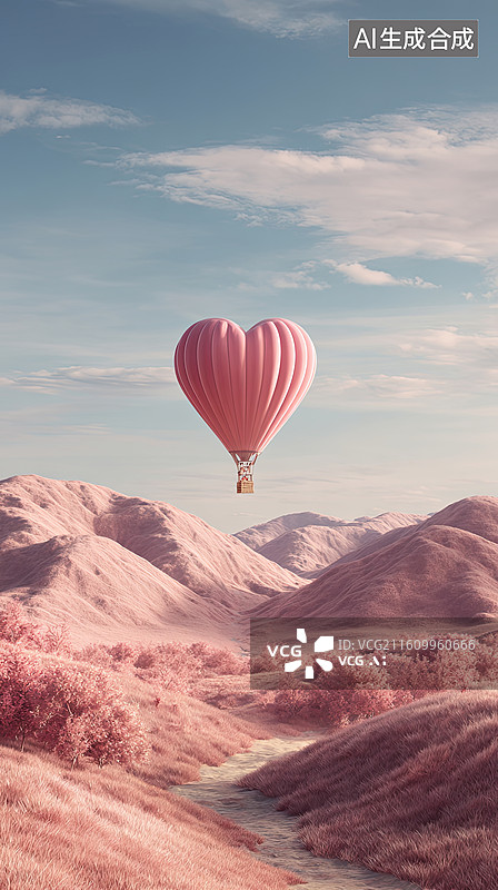 【AI数字艺术】心形热气球飘浮于粉红山谷图片素材
