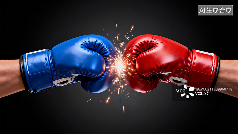 【AI数字艺术】红蓝拳击手套碰撞瞬间图片素材