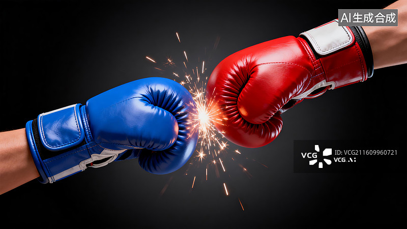 【AI数字艺术】红蓝拳击手套碰撞瞬间图片素材