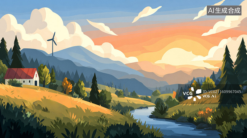 【AI数字艺术】山间溪流旁的红顶白屋图片素材