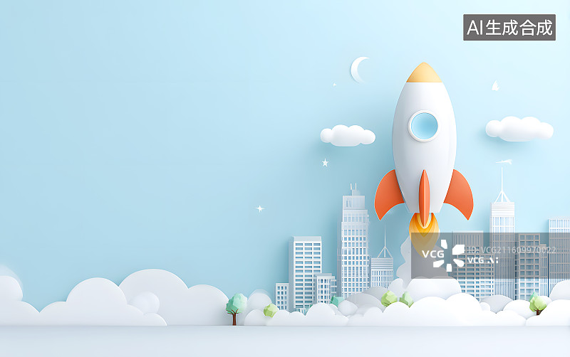 【AI数字艺术】城市背景前一颗飞向天空的火箭图片素材