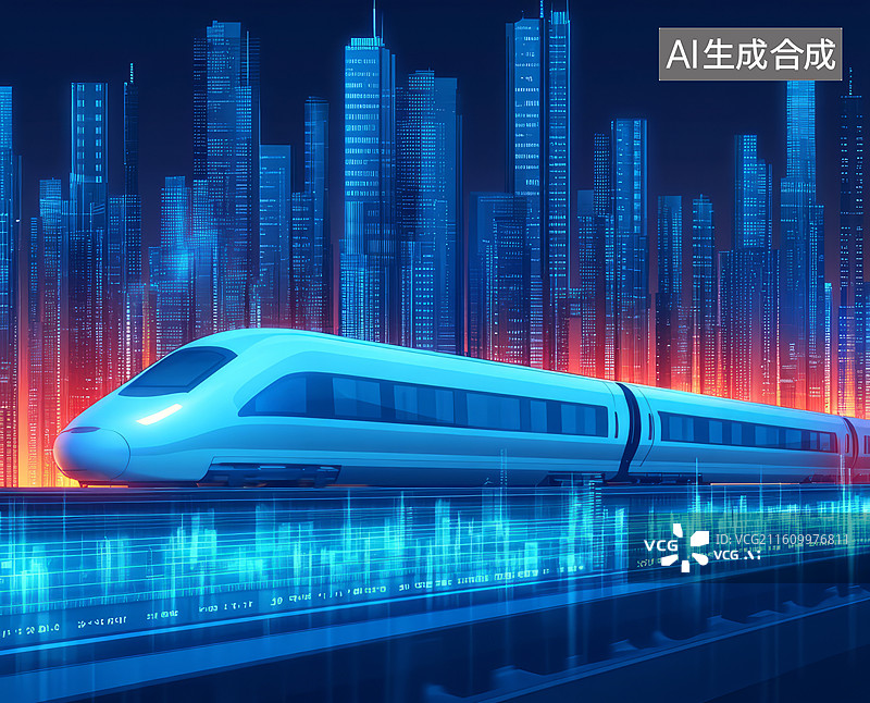 【AI数字艺术】未来科技感高铁列车穿梭城市天际线，城市发展概念图片素材