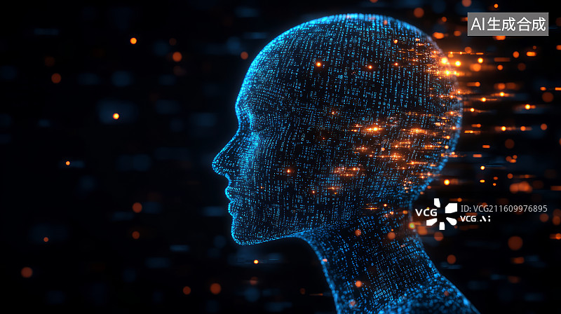 【AI数字艺术】由蓝色二进制代码组成AI虚拟数字人，人工智能概念图片素材