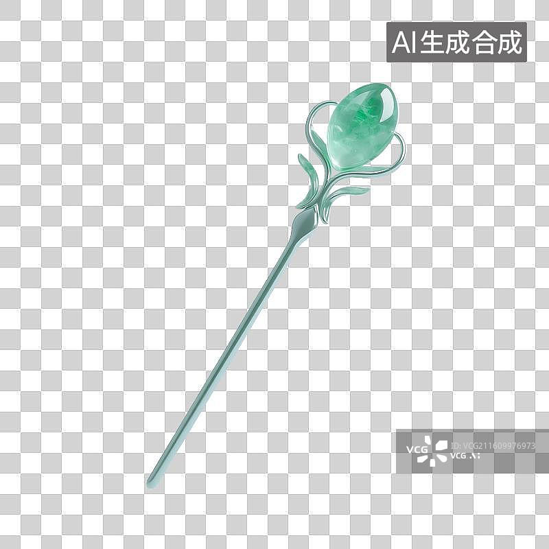 【AI数字艺术】3D渲染，中国风翡翠宝石发簪，国风绿色首饰，免抠元素图片素材