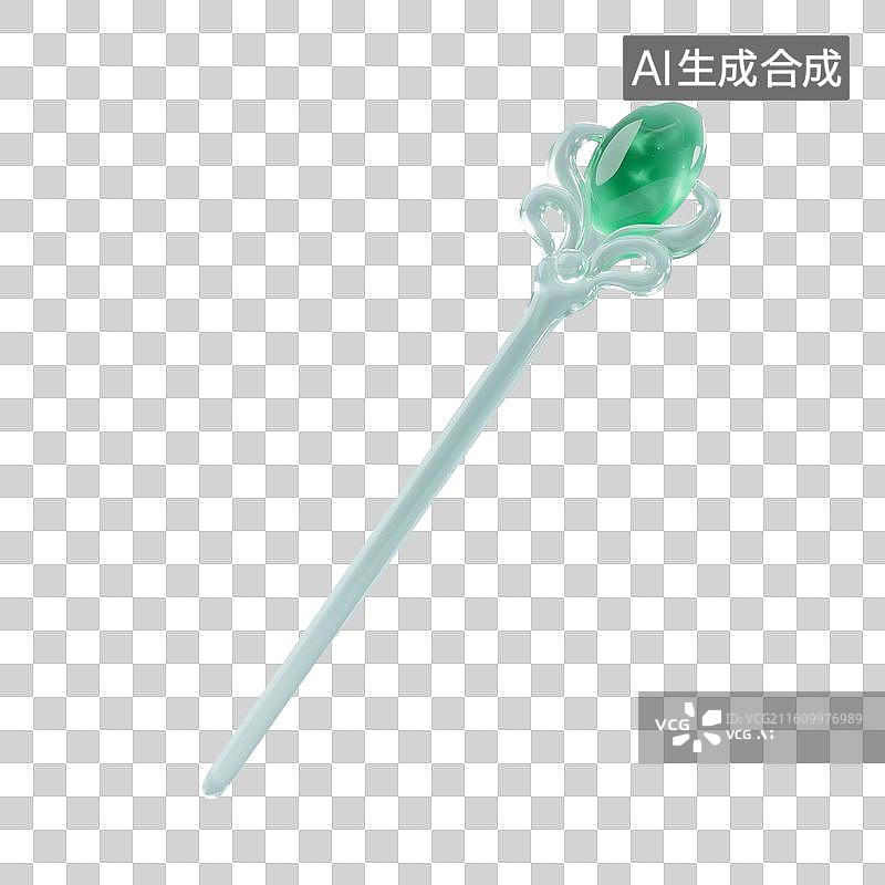 【AI数字艺术】3D渲染，中国风翡翠宝石发簪，国风绿色首饰，免抠元素图片素材