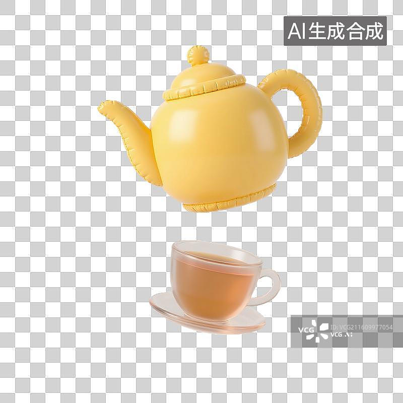 【AI数字艺术】3D渲染，充气膨胀风格，卡通茶壶，茶杯，茶具，咖啡壶，下午茶，茶道，茶文化，免抠元素图片素材