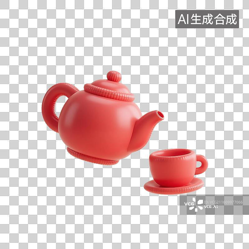 【AI数字艺术】3D渲染，充气膨胀风格，卡通茶壶，茶杯，茶具，咖啡壶，下午茶，茶道，茶文化，免抠元素图片素材