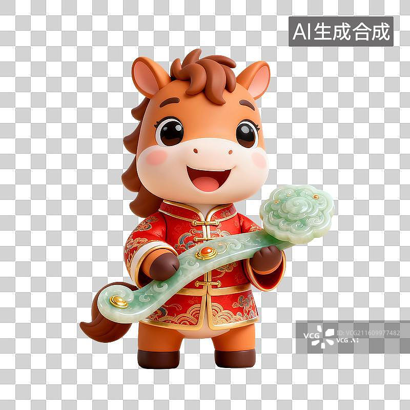 【AI数字艺术】3D渲染，可爱的的卡通小马，中式小马拿着玉如意，马年，马，十二生肖，拜年，免抠元素图片素材