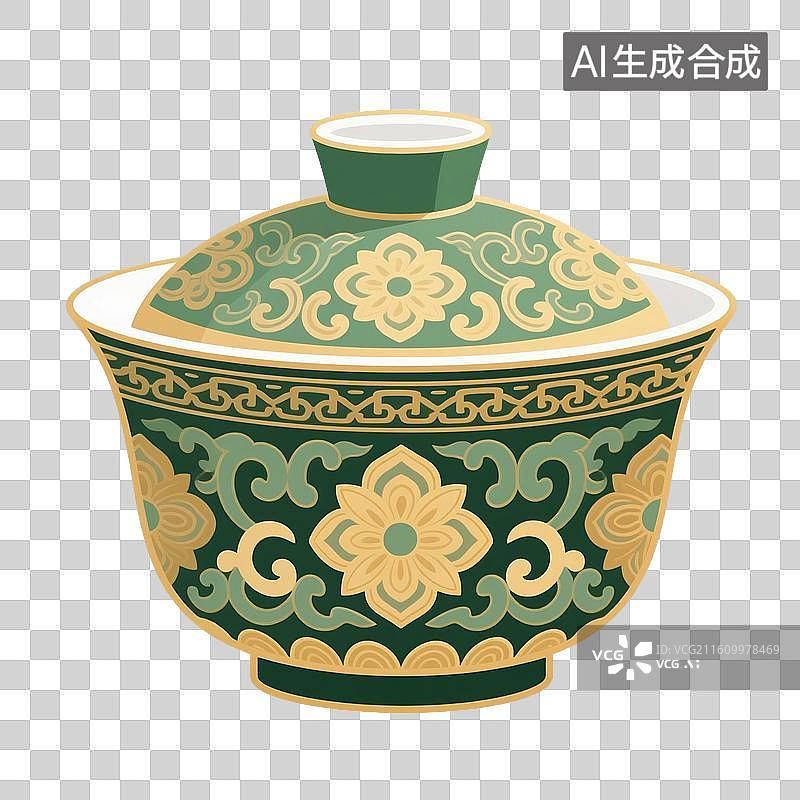 【AI数字艺术】国风手绘插画，盖碗茶，茶盏，茶杯茶具，瓷器，茶道，茶文化，喝茶饮茶免抠元素图片素材