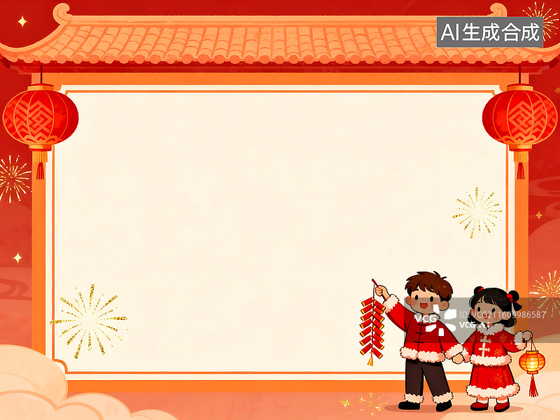 【AI数字艺术】新年卡通儿童空白边框背景 灯笼鞭炮烟花装饰 中国风喜庆节日设计素材图片素材
