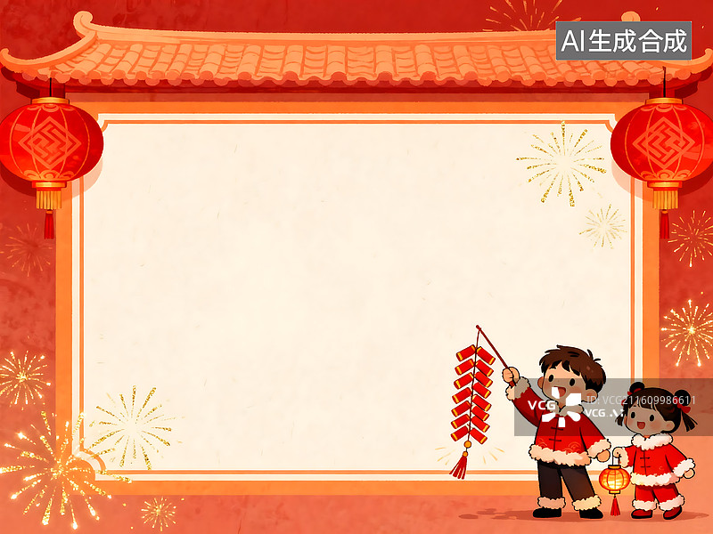 【AI数字艺术】新年卡通儿童空白边框背景 灯笼鞭炮烟花装饰 中国风喜庆节日设计素材图片素材