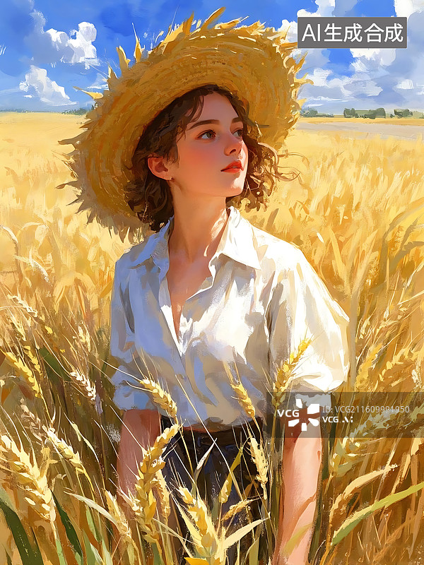 【AI数字艺术】金发少女在麦田里凝视远方图片素材