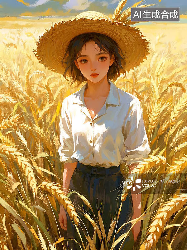 【AI数字艺术】田野少女的金色麦浪图片素材