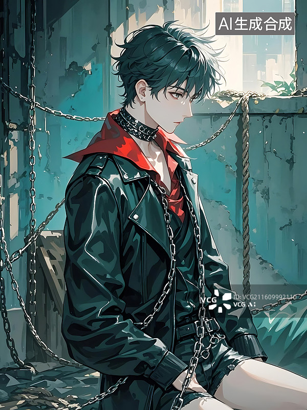 【AI数字艺术】忧郁少年与铁链图片素材