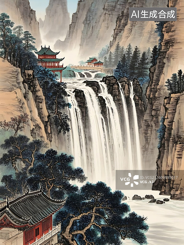 【AI数字艺术】中国山水画：瀑布与寺庙图片素材