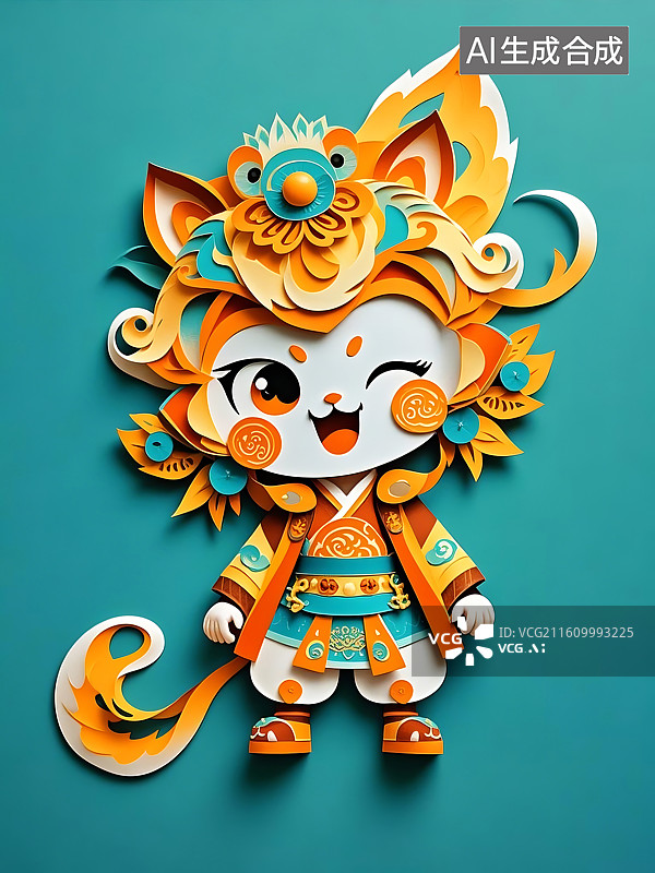 【AI数字艺术】可爱卡通纸雕风格小猫咪形象图片素材