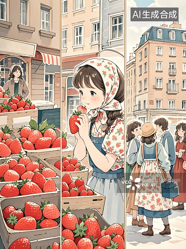 【AI数字艺术】市集上的草莓少女图片素材