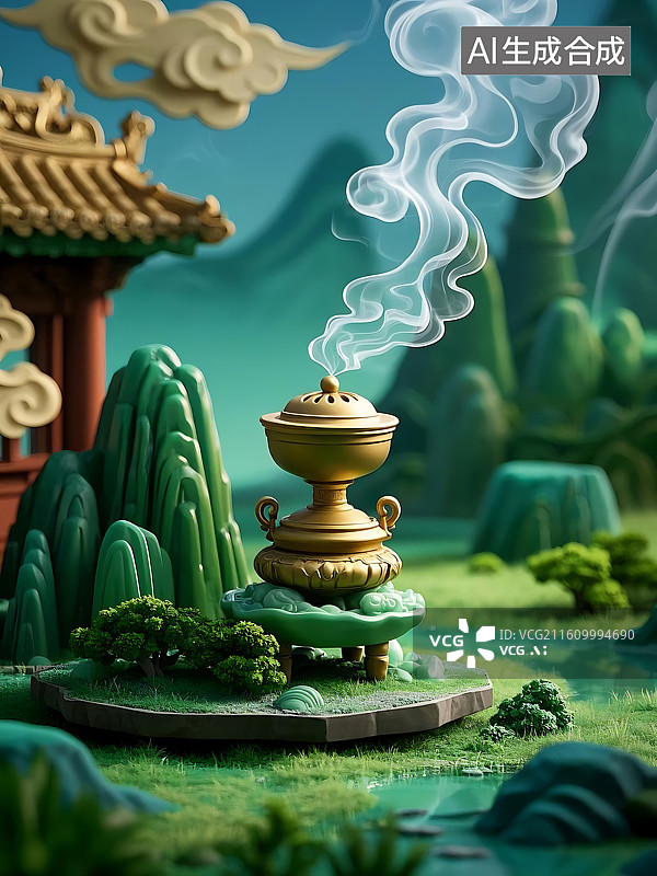 【AI数字艺术】仙气缭绕的金色香炉，宁静的东方意境图片素材