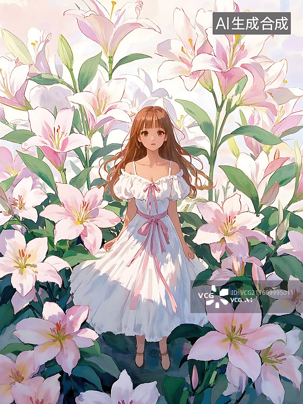 【AI数字艺术】少女与百合花海图片素材