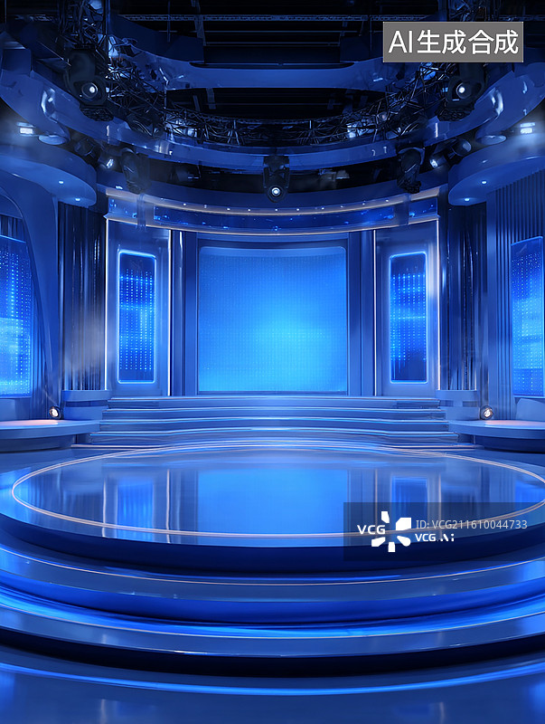 【AI数字艺术】蓝色未来科技感演播厅舞台背景图片素材