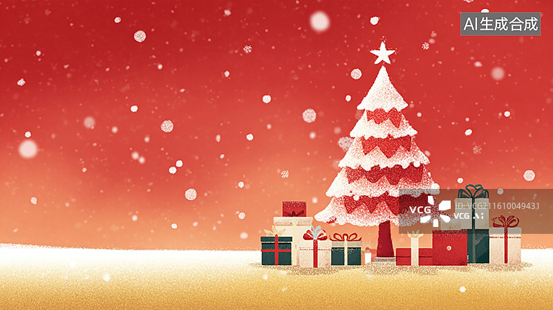【AI数字艺术】红色背景下的圣诞树与礼物图片素材