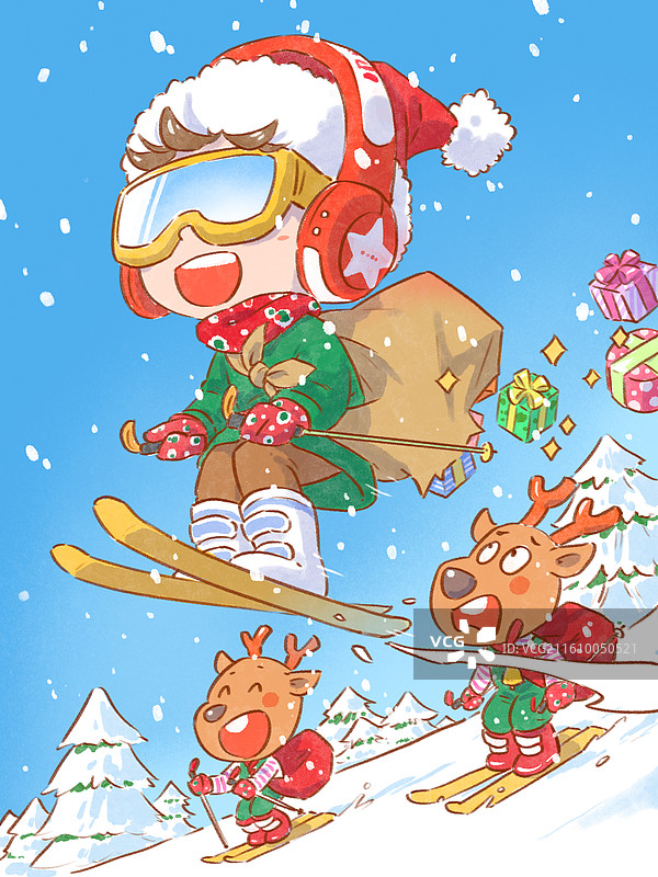圣诞节滑雪送礼礼物的小男孩和麋鹿图片素材