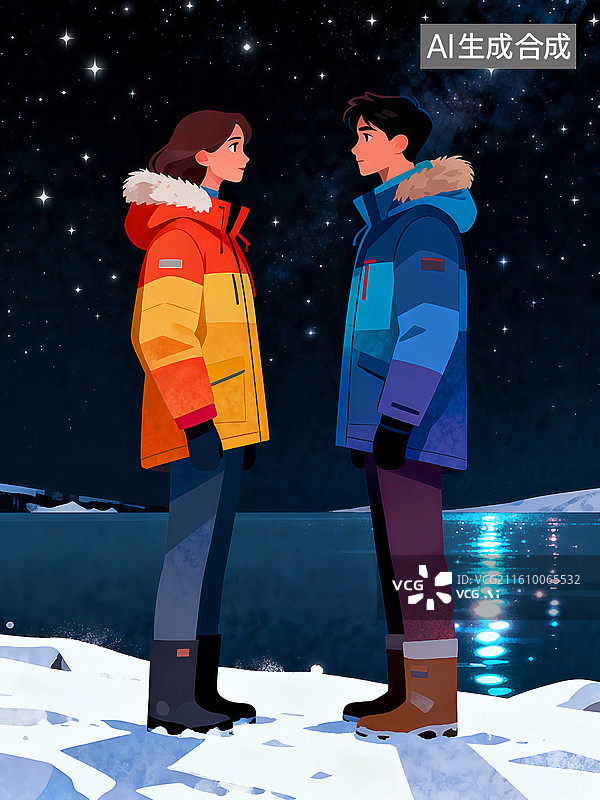 【AI数字艺术】雪地上四目相对的人 婚恋主题插画 情人节插画图片素材