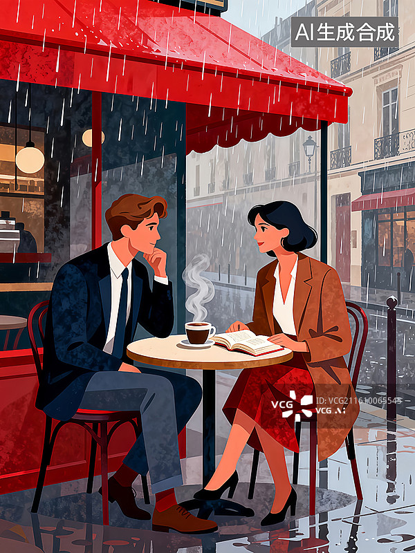 【AI数字艺术】下雨天咖啡馆的室外坐在一对情侣 婚恋主题插画 情人节插画图片素材