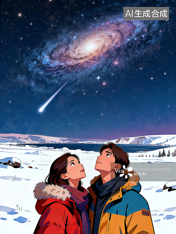 【AI数字艺术】一对恋人雪地上仰望星空 婚恋主题插画 情人节插画图片素材