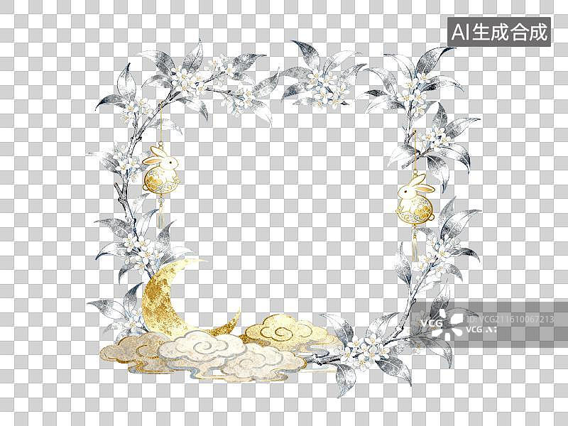 【AI数字艺术】月兔花枝装饰边框图案图片素材