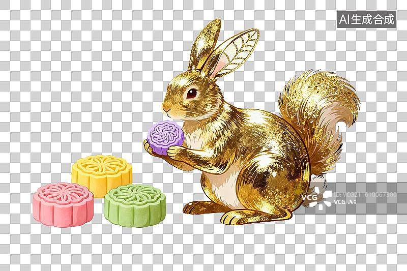 【AI数字艺术】金色兔子捧月饼庆祝中秋佳节图片素材