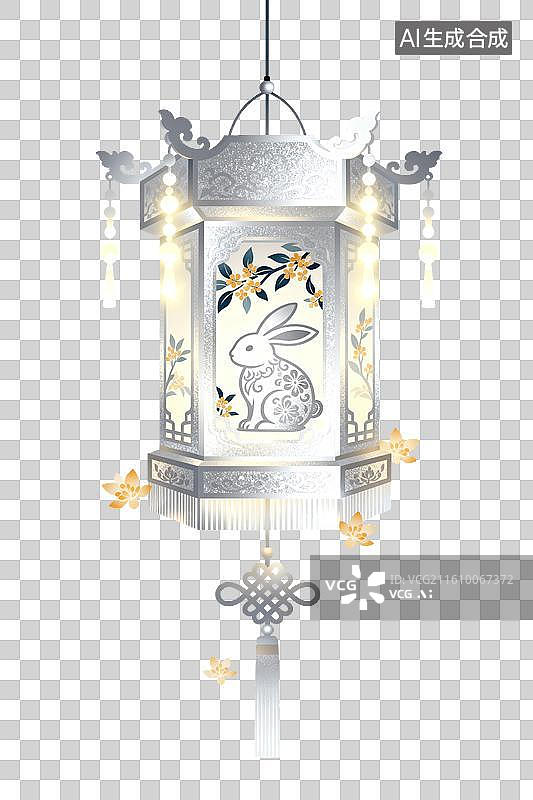 【AI数字艺术】银白花鸟兔纹古典灯笼图片素材