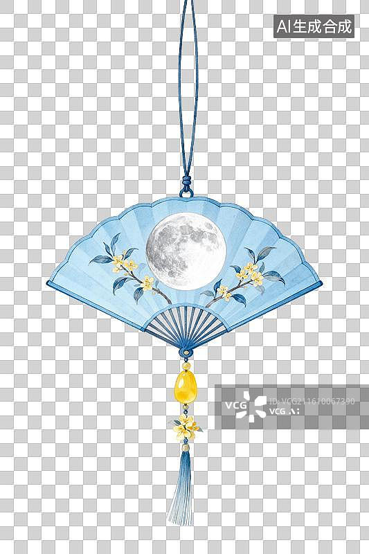 【AI数字艺术】蓝色折扇挂饰配满月桂花流苏图片素材