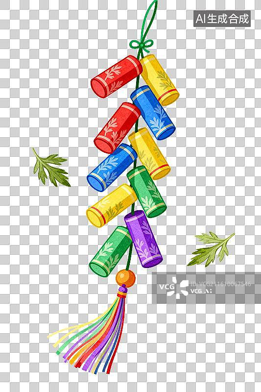 【AI数字艺术】彩色筒状挂饰配流苏与叶片图片素材