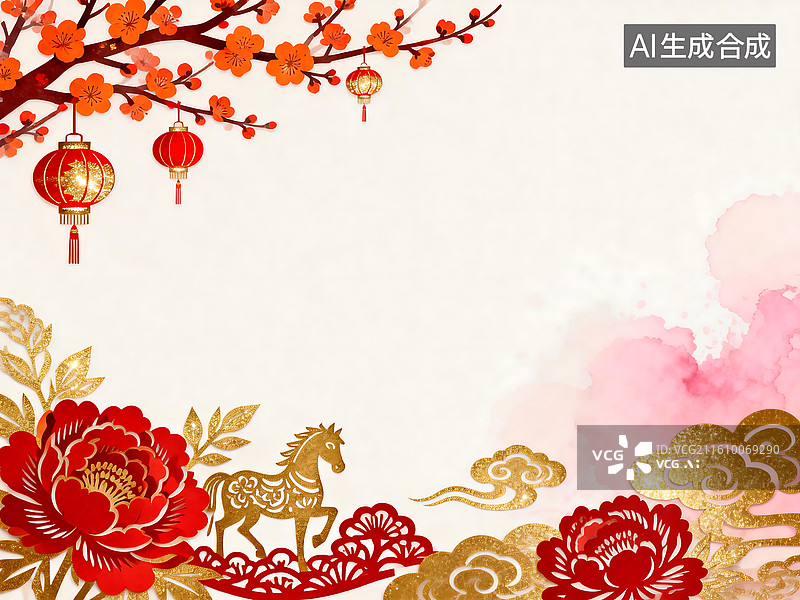 【AI数字艺术】新年中国风剪纸背景 梅花灯笼牡丹金马装饰 喜庆空白边框设计素材图片素材