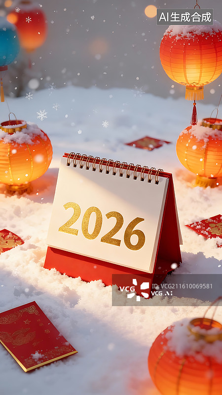 【AI数字艺术】2026 新年雪景日历背景 红色灯笼红包装饰 冬日节日喜庆氛围图图片素材