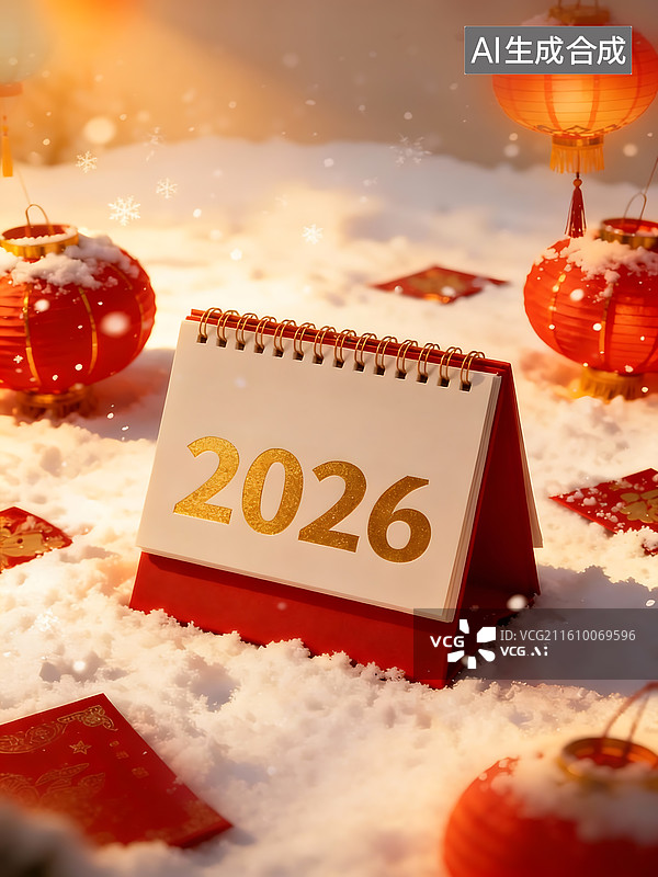 【AI数字艺术】2026 新年雪景日历背景 红色灯笼红包装饰 冬日节日喜庆氛围图图片素材
