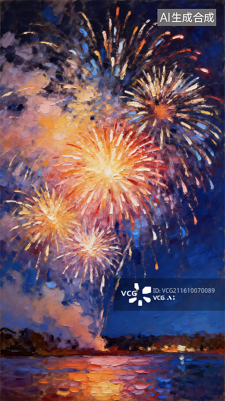 【AI数字艺术】夜晚海边烟花除夕庆祝风景插画图片素材