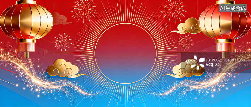 【AI数字艺术】红色背景上的灯笼与祥云图案图片素材