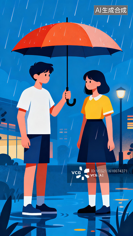【AI数字艺术】下雨天男生为女生撑伞 婚恋主题概念插画图片素材