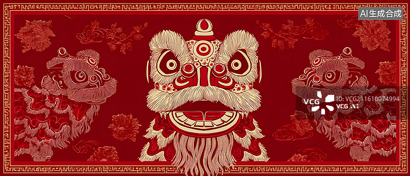 【AI数字艺术】红底舞狮图图片素材