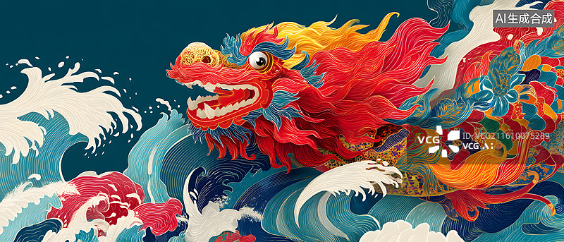 【AI数字艺术】赤龙腾跃海浪间图片素材