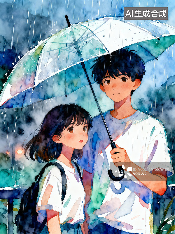 【AI数字艺术】水彩插画 下雨撑伞的男孩  婚恋主题概念插画图片素材
