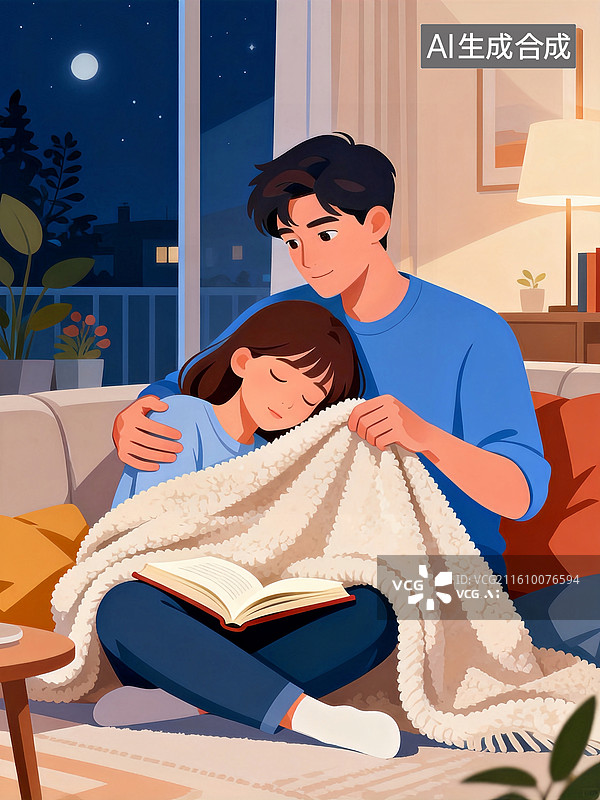 【AI数字艺术】男人给女人盖被子 婚恋主题概念插画图片素材