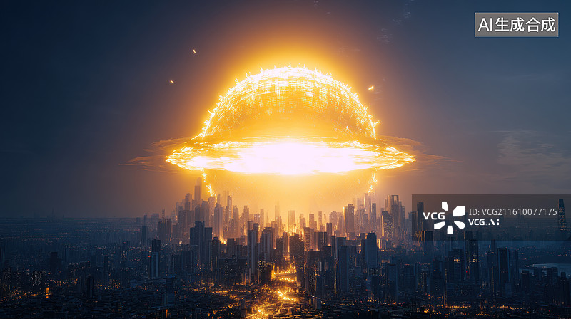 【AI数字艺术】城市上空的巨大爆炸光晕图片素材